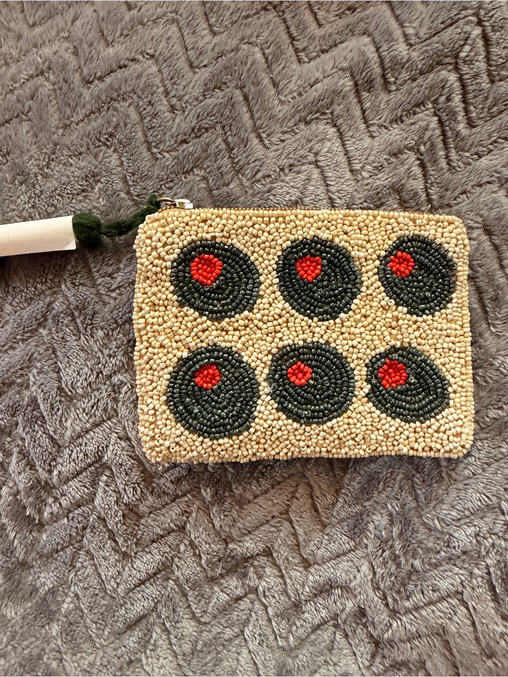 Beaded Cream Coin Purse with Black and Red Dot Design